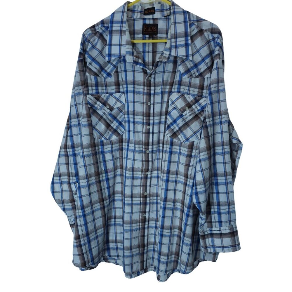 Plains Western Wear Big Man Plaid Shirt Vintage Blue Snap 3X